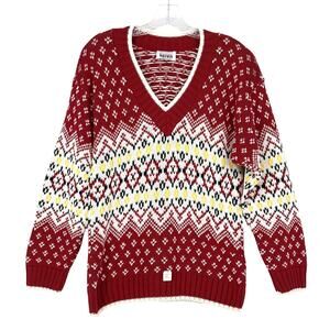 NWT Keren V-Neck Red White Yellow Holiday Sweater Sz Med Christmas Ski Cabin